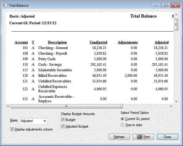 You can refresh or print the data, or click the Close button to close the report. Note: The staff member assigned to the Trial Balance has access to all journal entries.