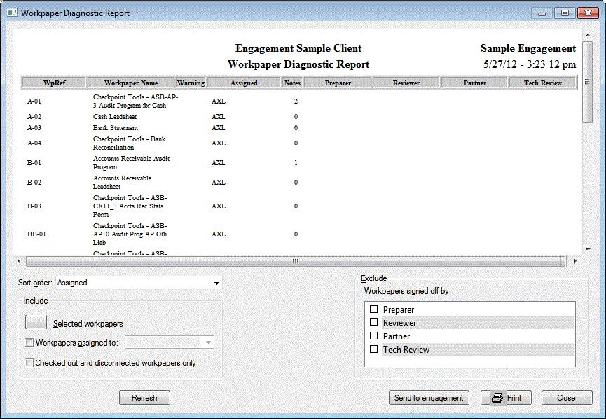 Notes You can select different options to filter the workpapers listed in the diagnostic report. (All workpapers in the engagement are included in the report by default.