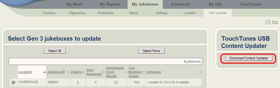 6. On the right side of the page, click Download Content Updates. The TouchTunes USB Content Updater will load.