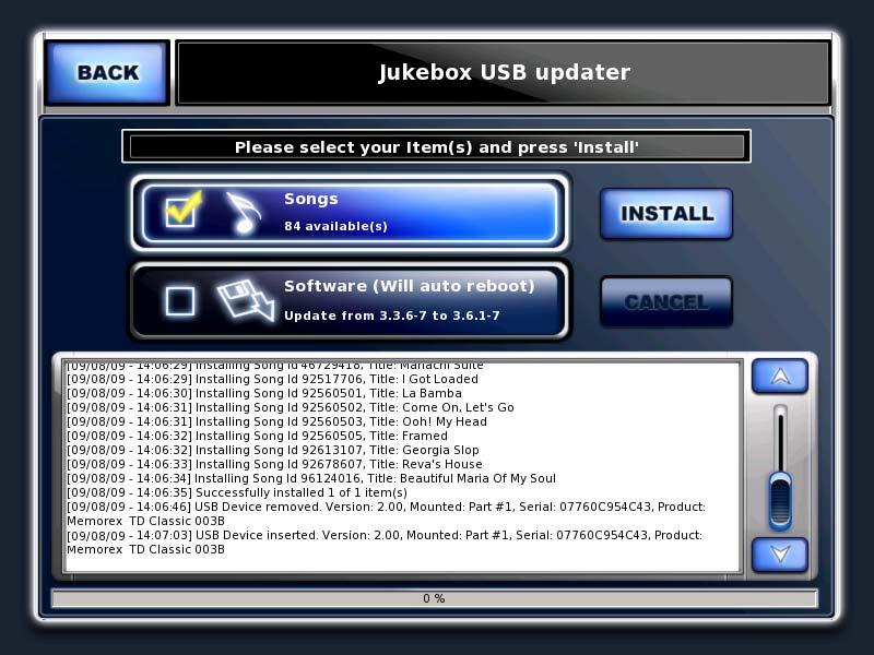 The USB device is mounted automatically by the jukebox and after a few moments, the USB Content Updater screen appears. 3.