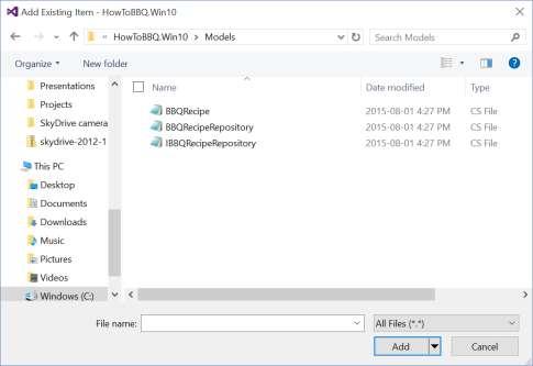Windows 10 UWP Hands on Lab Lab 2: Note: This demo app created for this lab uses the Visual Studio 2015 RTM and Windows Tools SDK ver 10240. 1. Select the Models folder and bring up the popup menu and select Add->Existing Item.