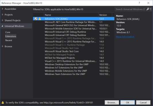 14. Add the following Behaviors SDK(XAML) references to the