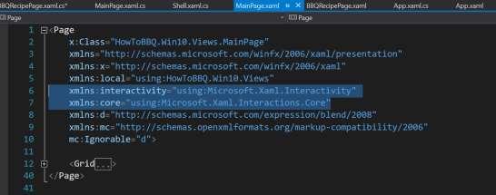 xaml, at the top of the file add the following lines of code.