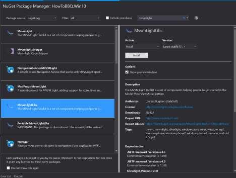 6. In the NuGet Package Manager screen, enter Mvvmlight to begin the search locate