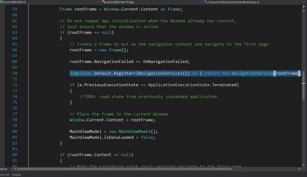 9. In the App.xaml.cs file and add the following code on to line 70. SimpleIoc.