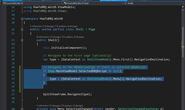 12. Open the file Shell.xaml.cs and add the following lines of code to line 30.