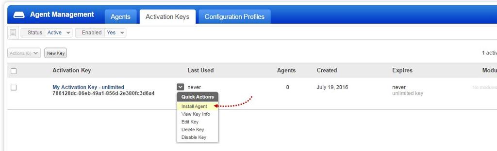 Choose an activation key (create one if needed) and select Install Agent from the Quick Actions menu. Click Install instructions for Mac (.pkg). Click Download button.