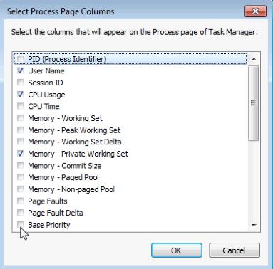 e. Click View > Select Columns. Uncheck Base Priority and click OK. f. Close Firefox. Is Firefox listed as a process? g. Close all open windows.