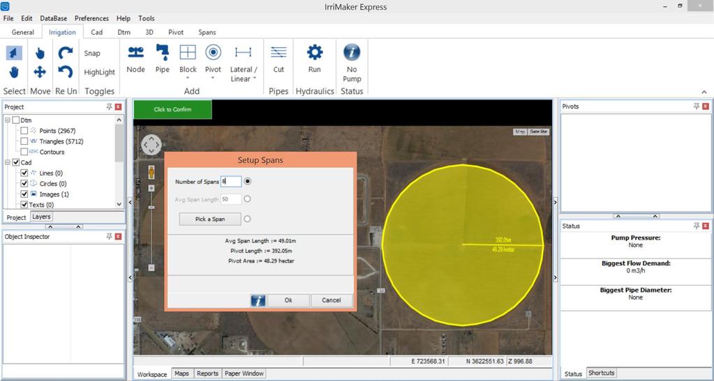 Place Pivot. Turn off DTM by unchecking the box 2. Navigate to the Irrigation menu.