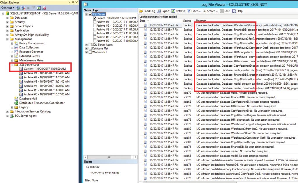 Figure 14 - Microsoft SQL Server Logs Microsoft SQL Server Transaction Logs With a simple recovery model, log truncation occurs when the database is backed up.