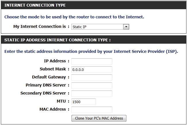 Static IP Address Select Static IP Address if all the Internet port s IP information is provided to you by your ISP.