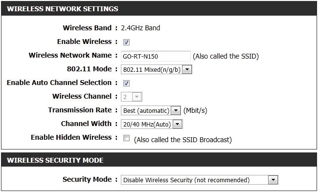 Enable Wireless: Wireless Network Name: 802.11 Mode: Enable Auto Channel Scan: Wireless Channel: Transmission Rate: Enable Hidden Wireless: Check the box to enable the wireless function.