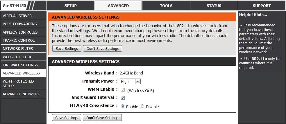 Advanced Wireless Settings Transmit Power: Set the transmit power of the antennas. WMM Enable: Short Guard Interval: HT20/40 Coexistence: WMM is QoS for your wireless network.