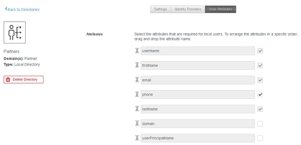 6 Click the User Attributes tab. All the attributes from the Identity & Access Management > Setup > User Attributes page are listed for the local directory.