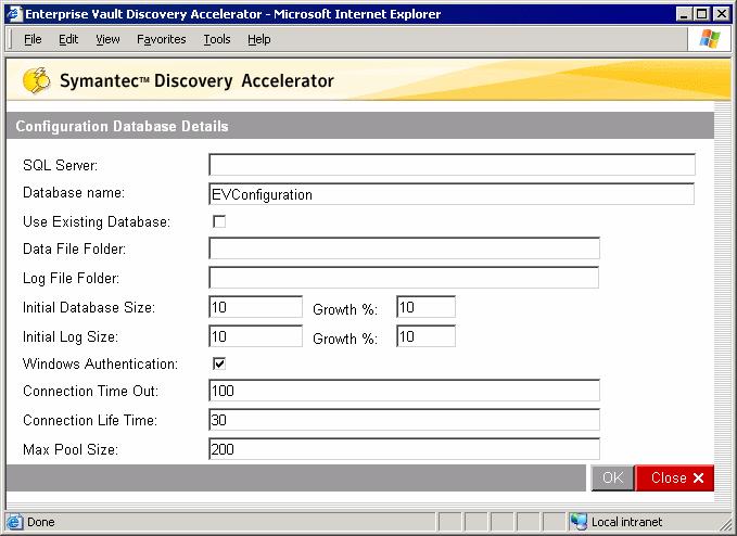 24 Installing Discovery Accelerator Creating the customer and configuration databases The Configuration Database Details page appears.