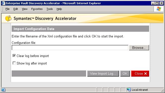 Importing data from XML files Bulk loading configuration data 71 Importing the data When you have created the XML file, you can import it into Discovery Accelerator.