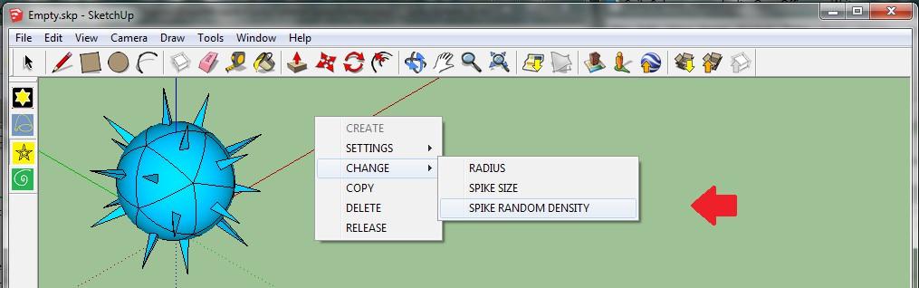 Select the sphere again and activate Change/Spike random density 24.