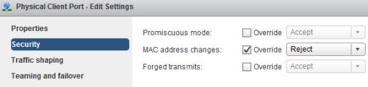 This is set to accept because traffic related to all the hosts connected to Physical switch 1 is involved. MAC Address Changes Reject. Forged Transmits Accept.