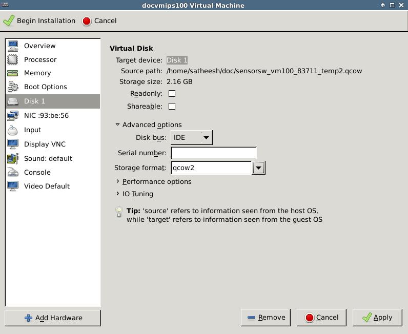 Virtual IPS Sensor deployment on VMware ESX and KVM Deployment of Virtual IPS Sensors on KVM 2 3 From the Storage format drop-down list, select qcow2. 4 Click Apply to confirm your changes.