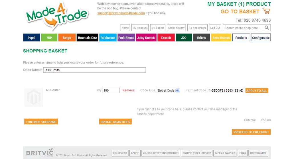 17 Shopping basket page You need to enter your Order Name and Siebel or WBS code before
