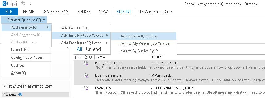 Uploading an Outlook Reply E-Mail Message to an Existing IQ Service If you link an e-mail message (in your Outlook Inbox) to an IQ Service record and then send a reply email back to the sender, you