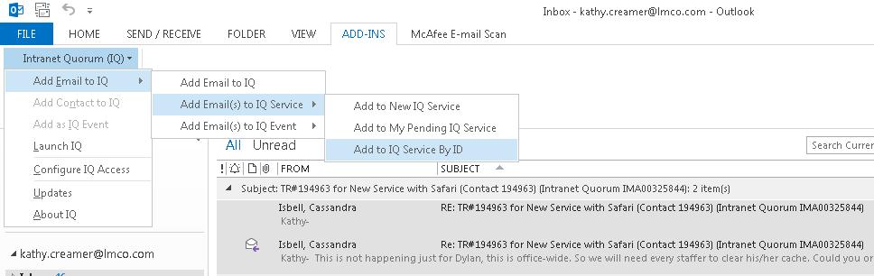 Click Yes to confirm you want to link the selected Outlook emails to the existing IQ Service. A status bar appears while the emails are being attached to the IQ Service.