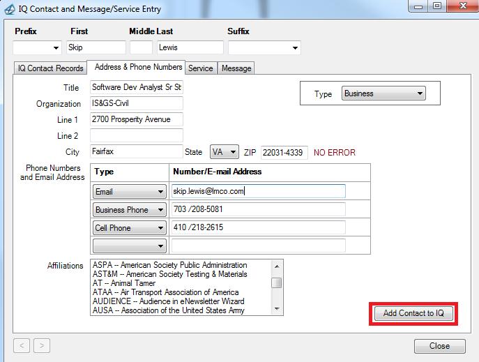 Click the Address & Phone Numbers tab and enter address and phone numbers to be included in the IQ Contact record.
