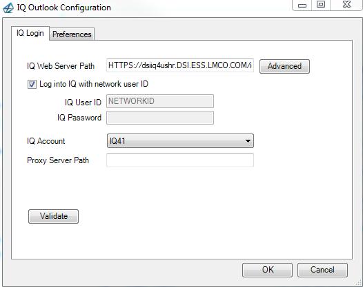 The IQ Outlook Configuration dialog (Figure 1) allows entry of the user s IQ account and user access information. The preferred login approach is to use single sign-on.