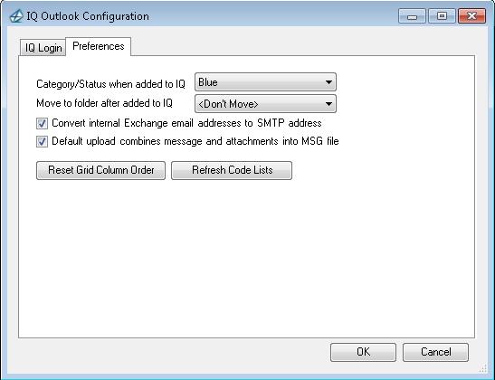 Figure 3 Other options on the Preferences tab (Figure 3) include: The ability to select an Outlook Category/Status flag for messages that have been added to IQ and a folder to store the Outlook