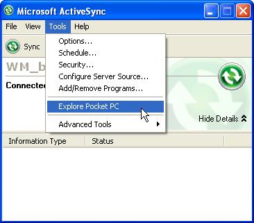 The next step is to copy the file to your computer using either Microsoft ActiveSync (Windows XP) or Windows Mobile Device Center (Windows 7).