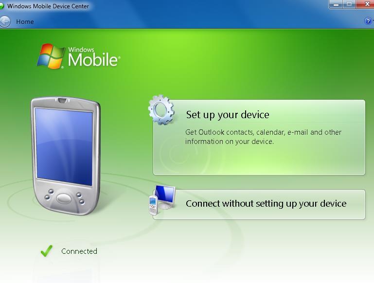 Windows Mobile Device Center (Windows 7) 1. Turn on Janam scanner. 2. Plug the Janam scanner into the computer using the included USB. This will automatically launch Windows Mobile Device Center.