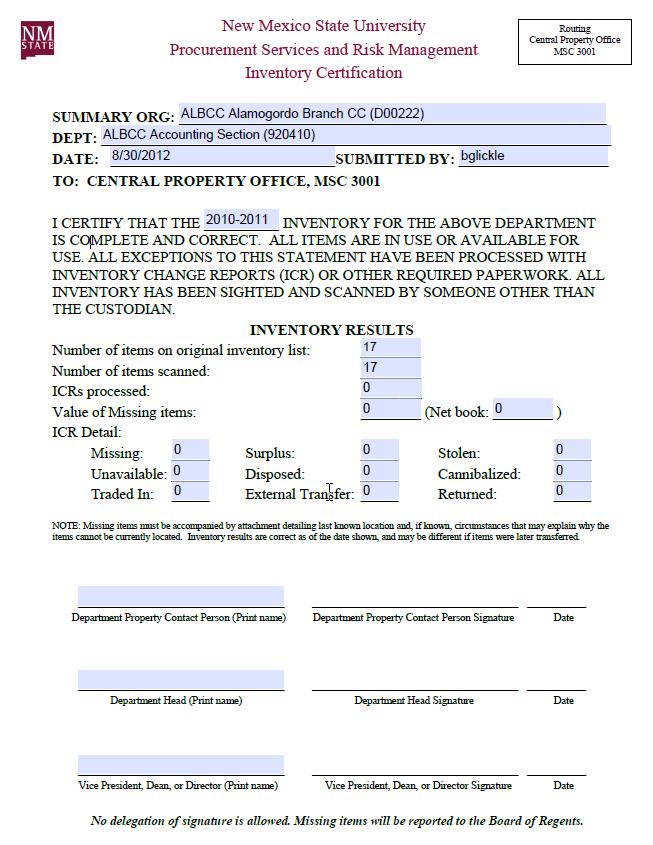4. The Inventory Certification form will be displayed with INVENTORY RESULTS fields populated.