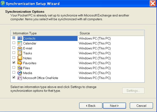 If you are using Microsoft ActiveSync, you will be asked to choose your Synchronization Options the first time you connect a scanner to your computer. Uncheck all options before continuing.
