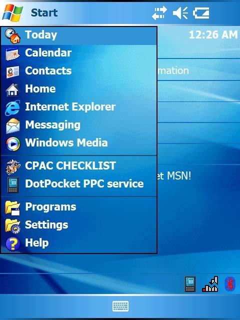 After first use, the PDA will store the CPAC CHECKLIST in the Start menu.