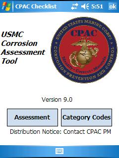 STEP 7: Tap the Assessment button to conduct an assessment. STEP 8: Close out of the USMC Corrosion Assessment Tool.