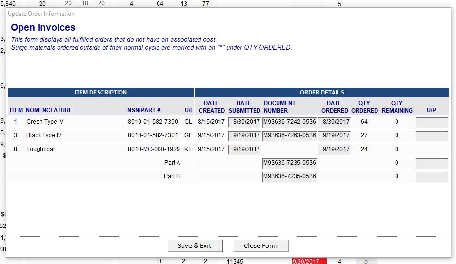 OPEN INVOICES STEP 1: Select the Order Management button lower center of the CRF Material Inventory Form described previously, and then select Open Invoices.