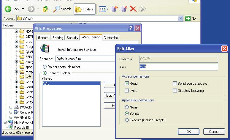 On the Web Sharing tab, select the radio button for SHARE THIS FOLDER. The EDIT ALIAS dialog box is displayed.