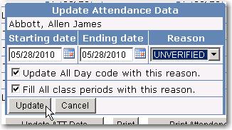 If the Update All Day code is selected an All Day code will automatically update all periods that this student has classes but the Fill all Class