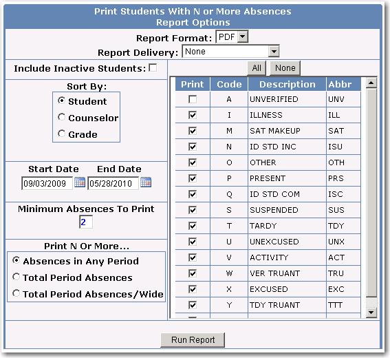Page 36 Aerie.net Student Information System The Start Date defaults to the first day of school and End Date to the nearest school day from today.