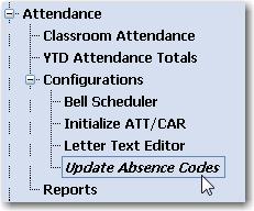 Page 7 Aerie.net Student Information System UPDATE ABSENCE CODES To Add or Update an absence code, click the mouse on the Update Absence Codes node.