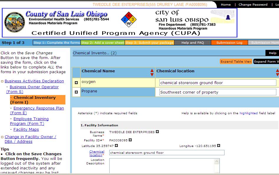 C Next in line is the Chemical Inventory (form I). highlighted in orange on the left side of your screen. C Note that this form name is now There will be one Chemical Inventory form for each chemical.