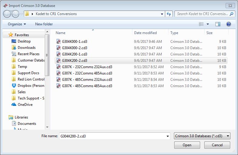 Import Process 1. Open Crimson 3.1. 2. Click File-Import. 3. Navigate to the Crimson 3.0 file to import/convert. 4. Select the desired file. 5. Click Open. Conversion 1.