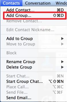 9.2 CREATE A NEW CONTACT GROUP 1. From the top Mac toolbar, click Contacts Add Group 2. Enter in the name of your new group. 3.