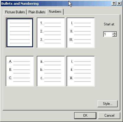 110 Microsoft FrontPage 2000 Lesson 4-9: Creating Bulleted and Numbered Lists Figure 4-15 An example of a bulleted list Figure 4-16 The Bulleted tab under the Bullets and Numbering dialog box Figure