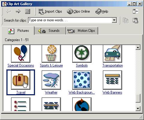 126 Microsoft FrontPage 2000 Lesson 5-2: Adding a ClipArt Image Figure 5-4 Scroll down the window and click on Travel Figure 5-5 The add clip art confirmation window Click this button to search for