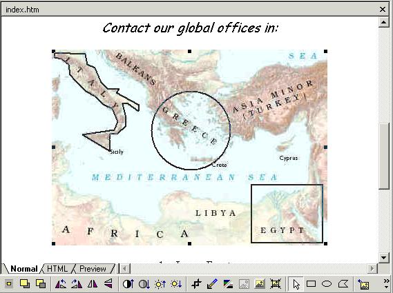 142 Microsoft FrontPage 2000 Lesson 5-14: Working with Image Hotspots Figure 5-31 The map showing the hotspots Figure 5-32 The Create Hyperlink dialog box The Italy, Greece, and Egypt hotspots, from
