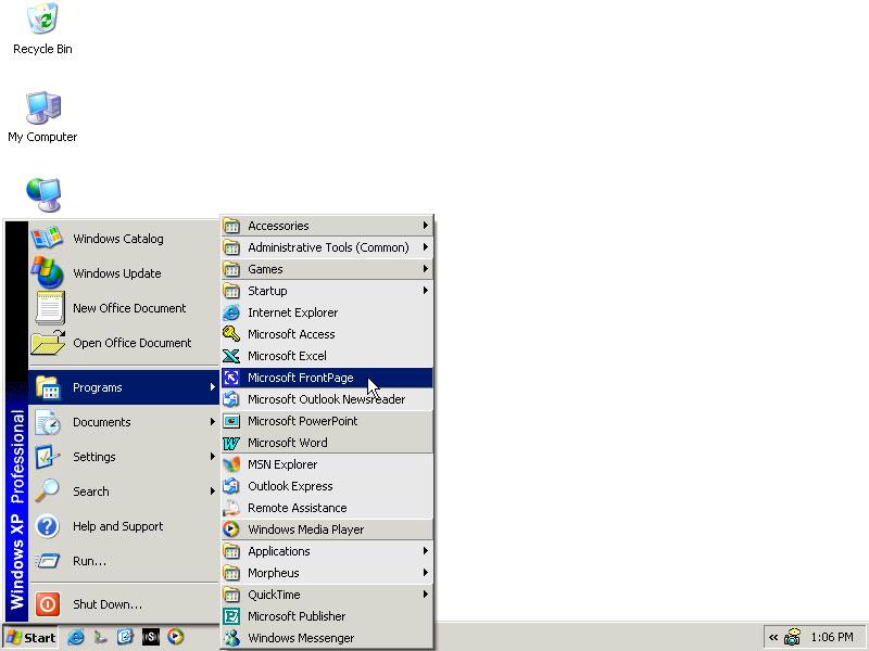 16 Microsoft FrontPage 2000 Lesson 1-3: Starting Microsoft FrontPage Figure 1-3 The Windows Desktop Figure 1-4 Programs located under the Windows Start button Figure 1-5 The Microsoft FrontPage