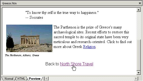 162 Microsoft FrontPage 2000 Lesson 6-6: Check a Link in Preview View Figure 6-12 The Greece page in Preview view Figure 6-13 The destination of the hyperlink in Preview view Figure 6-12 The cursor