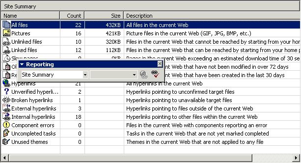 164 Microsoft FrontPage 2000 Lesson 6-7: Check a Link in Reports View Figure 6-14 Reports view shown with the Reporting toolbar Figure 6-15 The Verify Hyperlinks dialog box Verify Hyperlinks button
