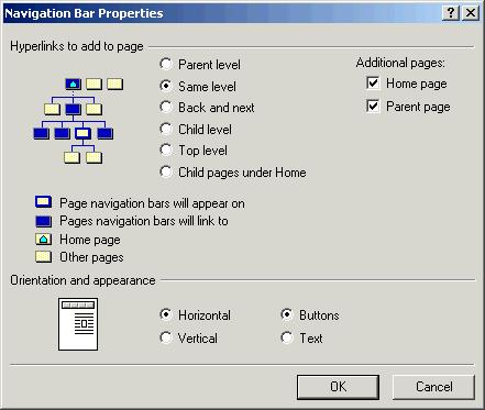 178 Microsoft FrontPage 2000 Lesson 6-17: Add Navigation Bars and Change Properties Figure 6-33 The Shared Borders dialog box Figure 6-34 The Navigation Bar Properties dialog box Figure 6-35 An